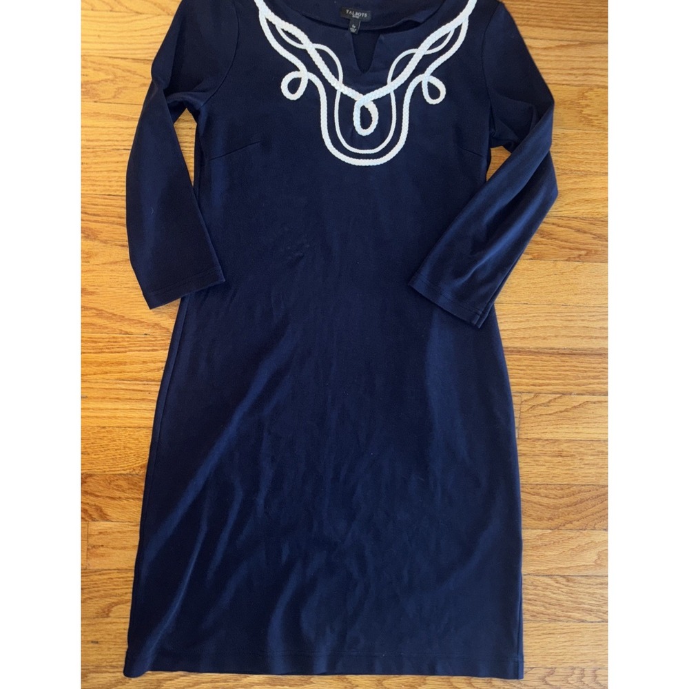 Talbots Navy Knit Dress With Scrolled Trim 3/4 Sleeves Size Small P